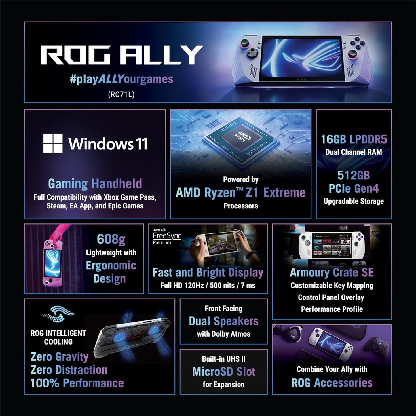 ASUS ROG Ally Handheld Gaming Console (17.78cm (7)/120Hz/AMD Ryzen Z1 Extreme Processor/16GB/512GB SSD/Windows 11 Home/White) RC71L-NH001W
