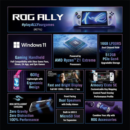 ASUS ROG Ally Handheld Gaming Console (17.78cm (7)/120Hz/AMD Ryzen Z1 Extreme Processor/16GB/512GB SSD/Windows 11 Home/White) RC71L-NH001W
